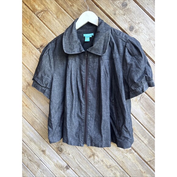 Sandro Sportswear Black Denim Jacket XL short Puff Sleeves Zip Front Pockets - Picture 1 of 8